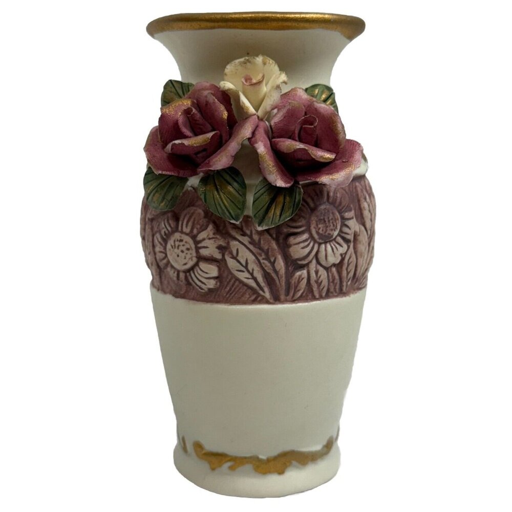 Flomo Ceramic Bud Vase 5.5" Raised Rose Floral Gold Trim Vintage Accent